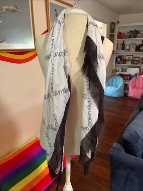 Calvin Klein Black and White Logo Oblong Scarf